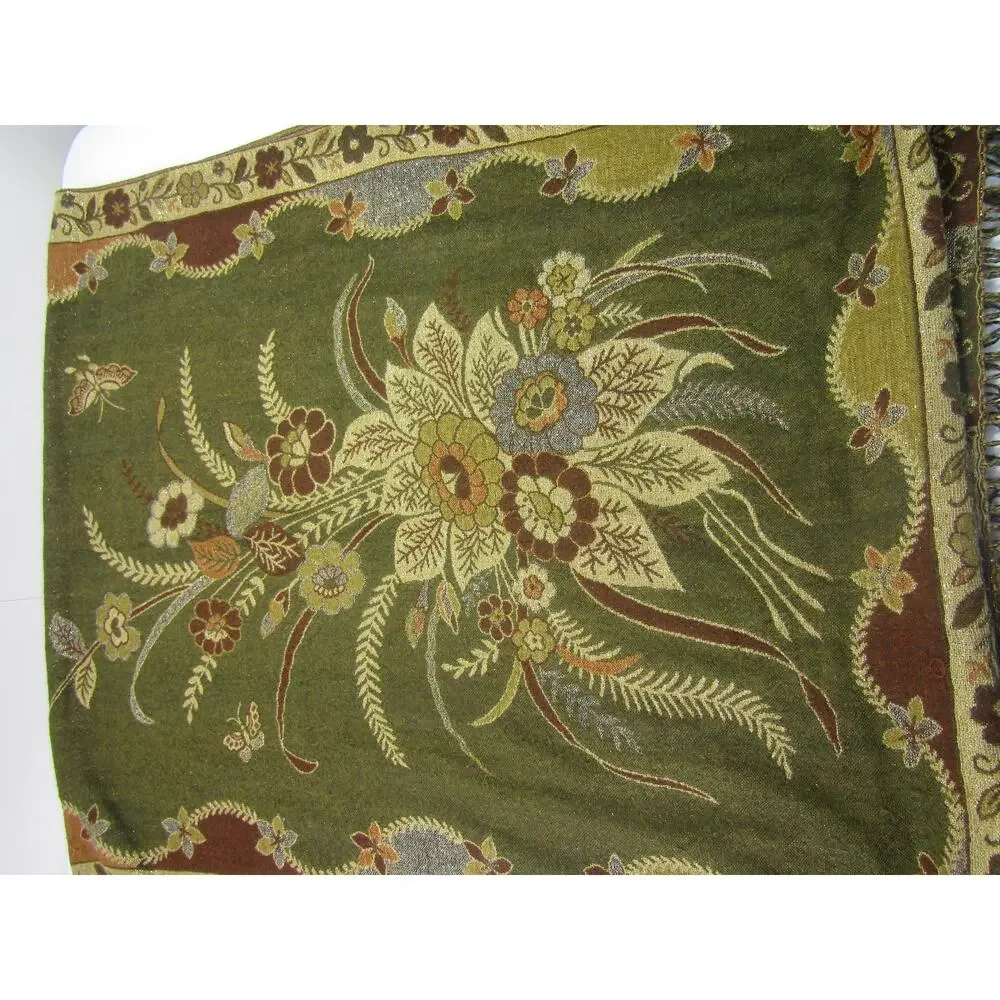 Olive Green Floral Knit Tassel Scarf‎ Wrap Cover Accessories Leaf Elegant Boho